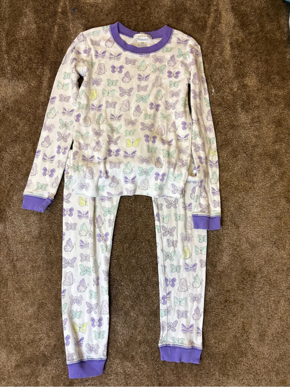 Pottery Barn Kids White Pajama Set with Purple Trim and Pastel Butterflies